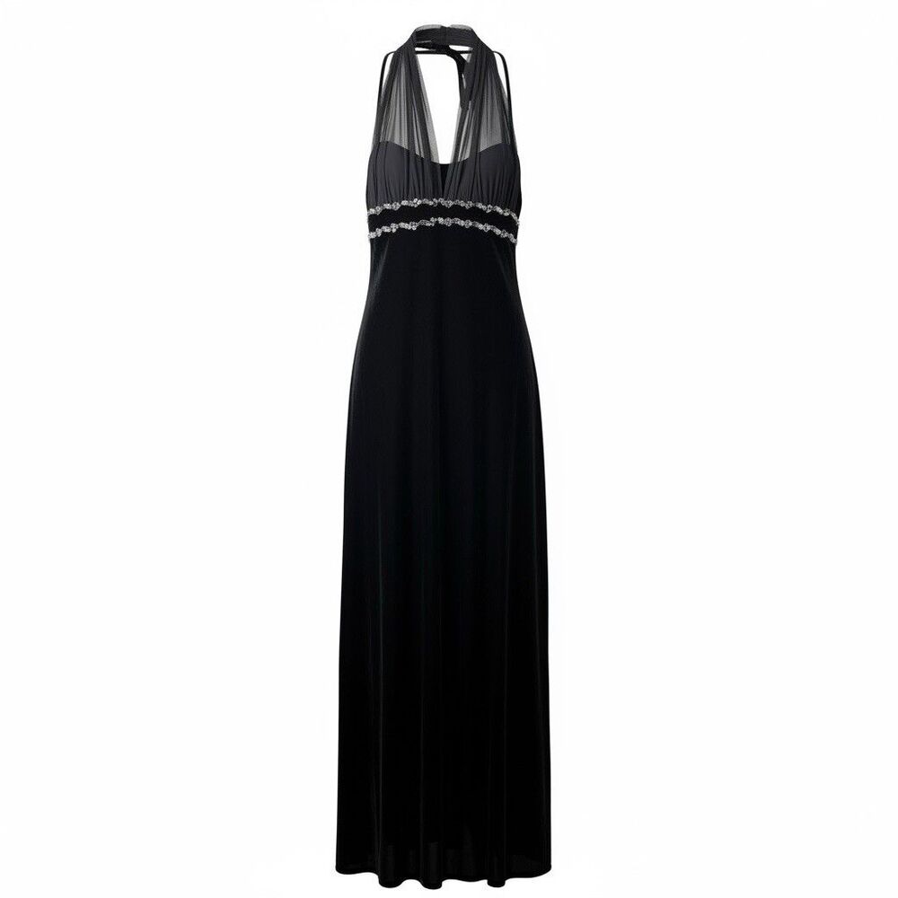 Vtg Y2K Jump Apparel Velvet Halter Maxi Dress Sz3/4 Empire Rhinestone Whimsigoth
